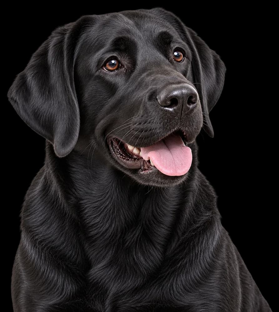 A black Labrador smiling