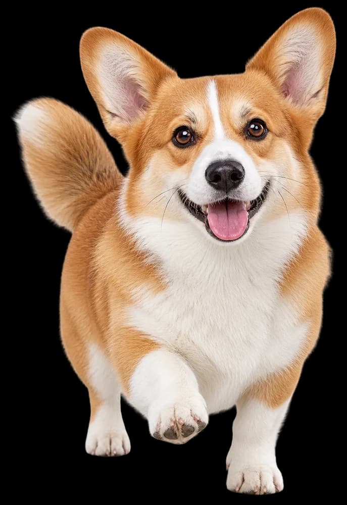 A corgi trotting towards the camera