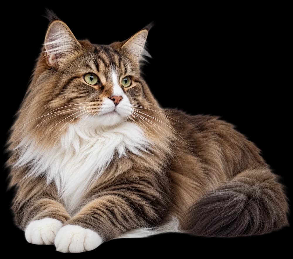 A long-haired tabby cat lying relaxed